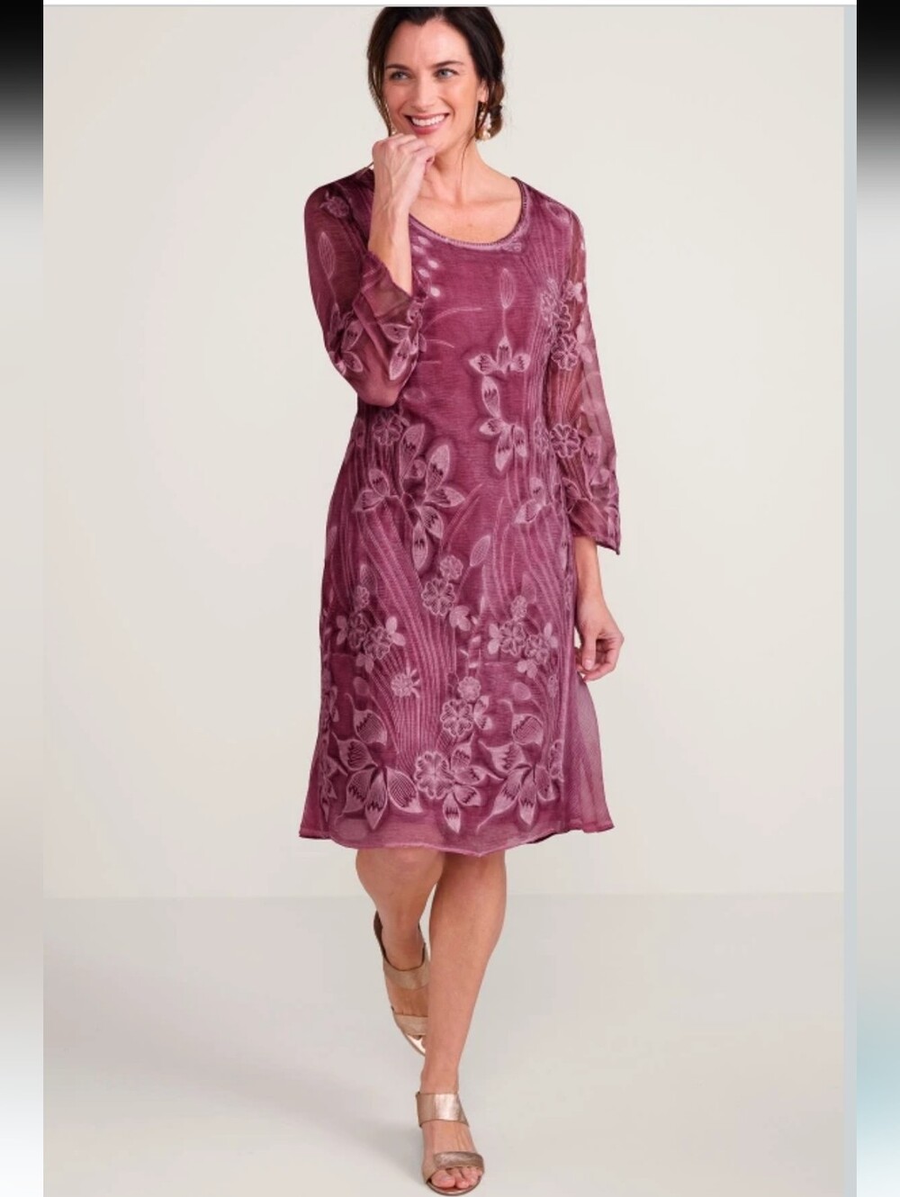 New!Soft Surroundings Women’s Floral Burnout Long Sleeve Silk Whimsy Dress Y2K